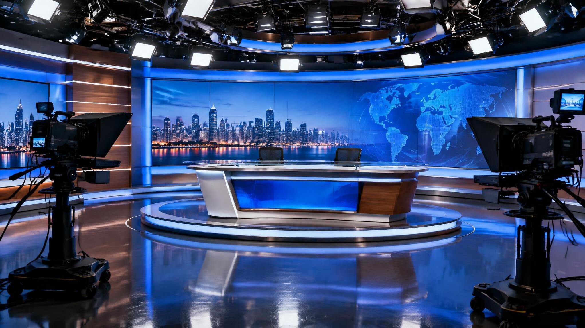 Empty television news studio set with cameras and lights
