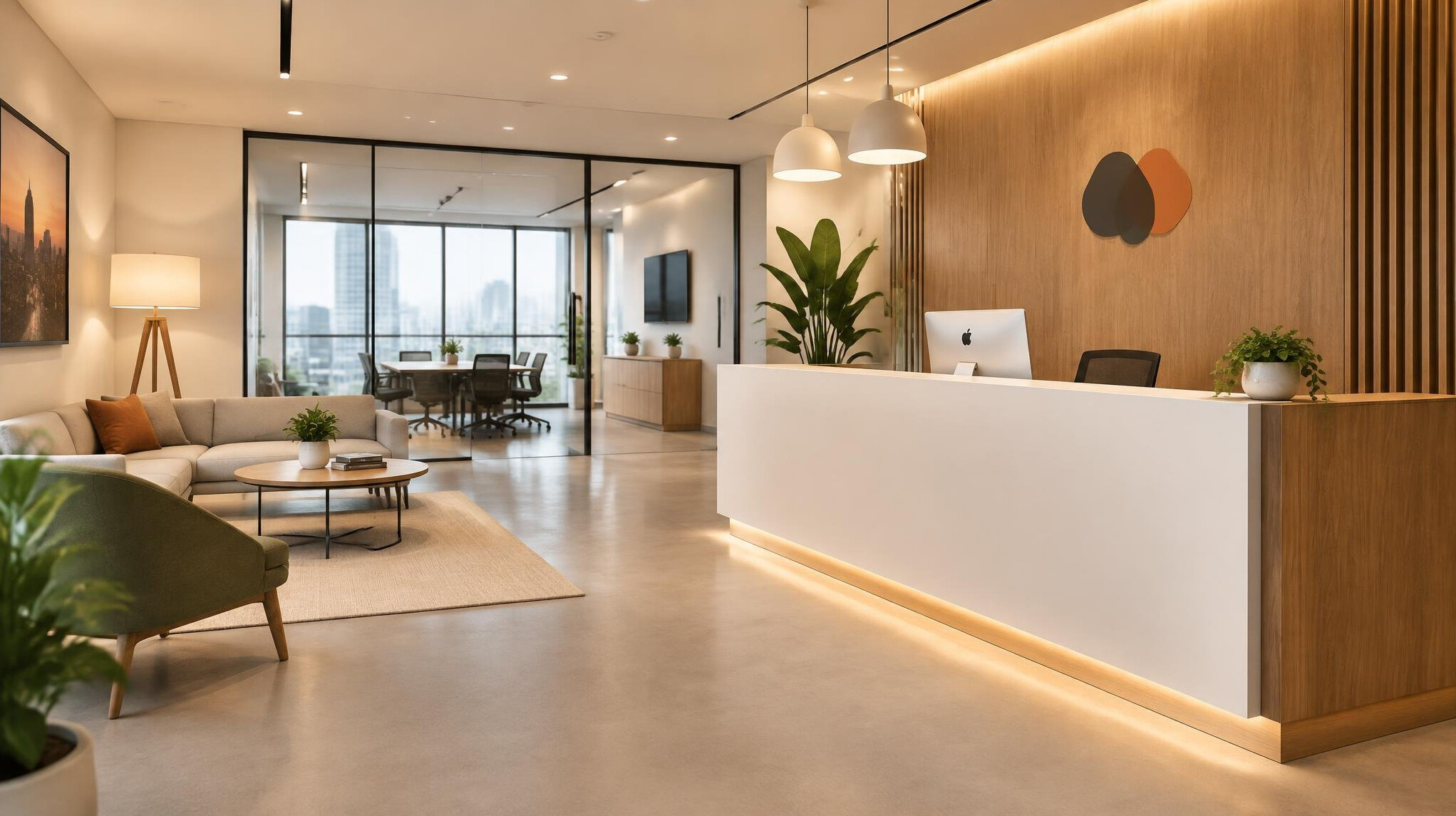 Modern media office reception desk with soft lighting
